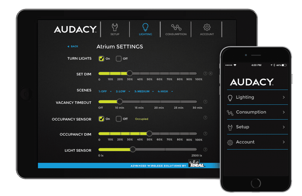 Fisher Lighting and Controls Littleton Denver Colorado Sales Rep Agency Audacy Wireless Lighting Controls Logo Cubs Broncos UCLA Control App iPad iPhone